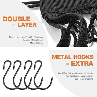 Upgrade Motorcycle Goods Helmet Storage Net,10"X11" High-Elastic Double Layer Cargo Net, Stretches to 19.5"X19.5" Car Luggage Rack Expansion Organizer Net Pocket with 4 Strong Hooks
