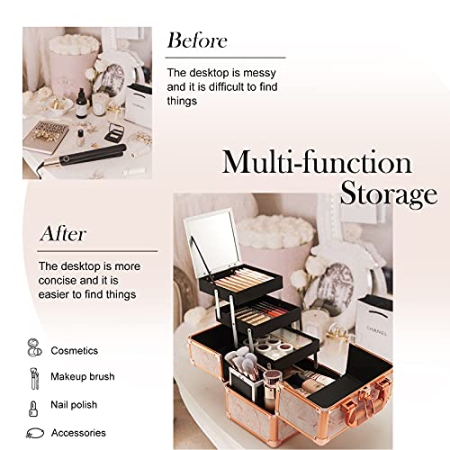 Costravio Makeup Train Case Rose Gold Cosmetic Box With Mirror & Brush Holder Home Or Travel Organizer For Make-Up And Jewelry Storage Box With 3-Tier Tackle Trays Portable Lockable Golden Marble #TOP3