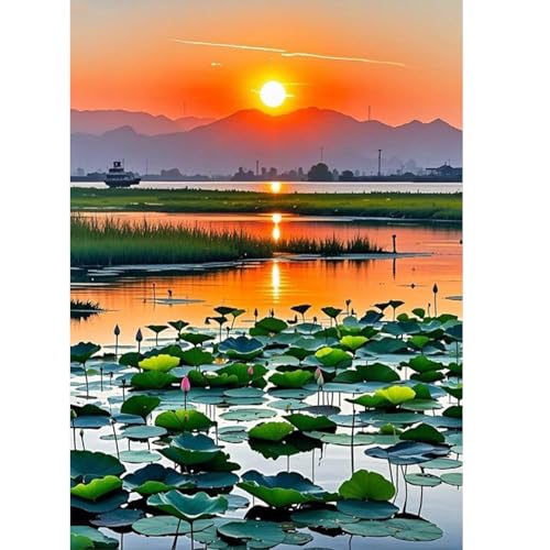 Image of Diamond Art Kits for Adults Landscape, 5D DIY Diamond Painting Kits for Adults Beginners, Lotus Pond Sunset Diamond Dots Full Drill Crafts for Gem Art for Relaxing Home Wall Decor 12x16 inch