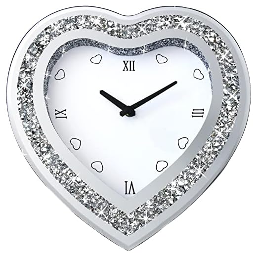 Wall Clock, Heart-Shaped Mirror Wall Clock, Cute Diamond 12-inch Non-Ticking Clock for Wall Décor, Perfect Home Decor for Bedroom, Dining Room(Excluding Batteries.)