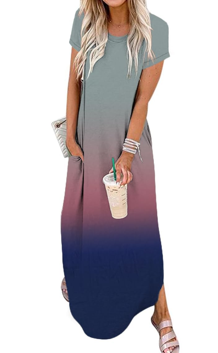 Jeqeocafy Women Summer Long Sundress Crewneck Short Sleeve Maxi Dress 2026 Casual Loose Beach Dress with Pockets
