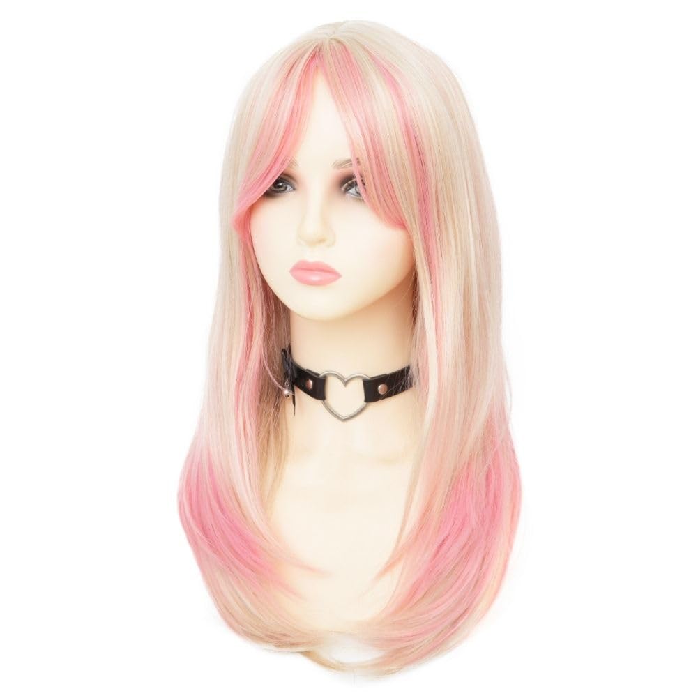 Blonde and Pink Straight Long Wigs for Women Middle Part Heat Resistant Fiber Hair Wig for Cosplay Halloween Use - Image 2