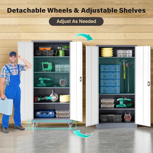 Image of 75 inch Tall Metal Storage Cabinet with Wheels,Rolling Garage Storage Cabinet with Lock,Gray White Metal Cabinets with Wheels and Shelves,Locking Tool Cabinets on Wheel for Garage,Home,Office,Shop