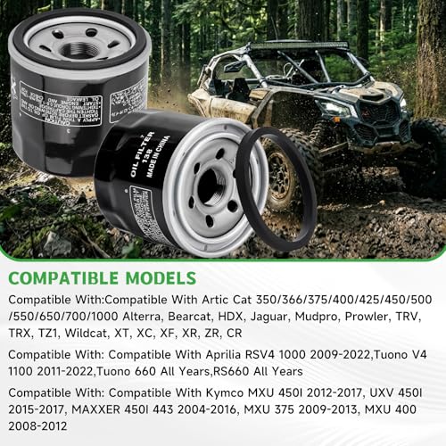 Image of Oil Filter Compatible with Arctic Cat 400 350 500 450 550 650 700 1000 H1 TRV TBX Alterra Prowler Wildcat Aprilia RSV4 Tuono V4 660 Kymco MXU UXV 450I Replace 0436-146(2 PCS)