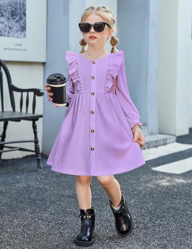 Arshiner Toddler Fall Winter Sweater Dress Ruffle Long Sleeve Ribbed Knit Button Down Casual Dresses with Pockets3