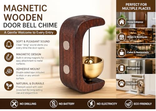 Image of Wooden Door Bell Chime for Door Opening, Brass Shopkeeper Entry Bell, Door Chime for Home, Office, Shop, Cafe, Refrigerator | No Drill Adhesive Mount, Soft Sound Wind Chime Decor (2)