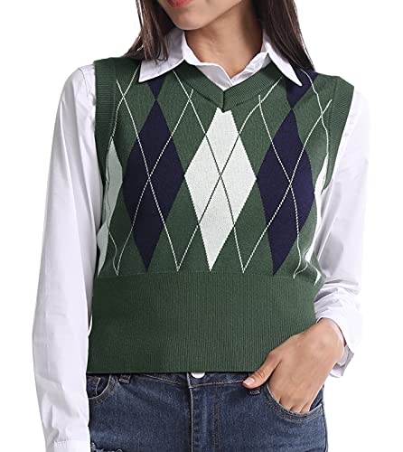 Plaid Vest Cropped Knitted For Women (Green Argyle,M) #TOP2