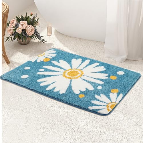 Navy Blue Bathroom Rugs Cute Dasiy Flower Bath Mat Aesthetic Rug Floor Carpet Bath Mat Machine Washable Plush Bathroom Rug for Home Decor Bedroom Toilet Shower Room Bathtub