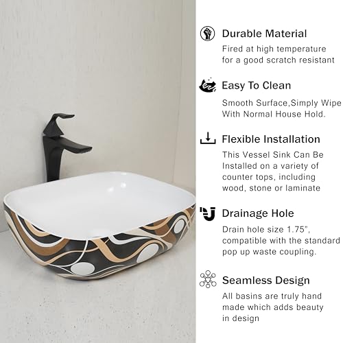 Image of LUXART Ceramic Table Top Vessel Sink | 13 x 18 x 5 IN Wash Basin Over Counter Top Wash Basin | Brown Wave Tabletop Bathroom Kitchen Sink For Bathroom & Living Room
