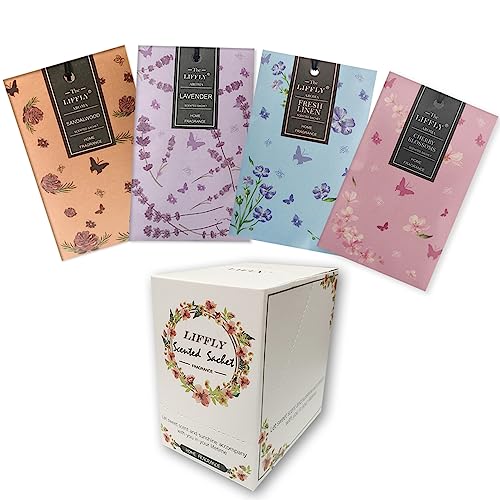 LIFFLY 14 Packs Scented Sachets for Drawers and Closets Lavender Fresh Linen Sandalwood Cherry Blossoms 4 Different Scent