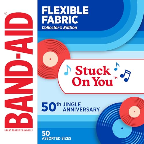 Image of BAND-AID Brand Flexible Fabric Adhesive Bandages, Comfortable Sterile Protection & Wound Care for Minor Cuts & Burns, First Aid Kit Essential, Jingle Anniversary Collectible Tin, Assorted Sizes, 50 Ct