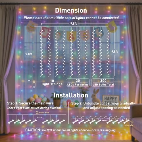 Image of JMEXSUSS 300LED Curtain Lights for Easter Decor, 9.8x9.8ft, Pastel