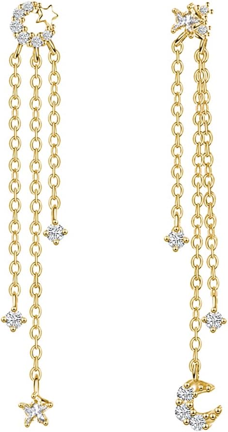SLUYNZ 925 Sterling Silver Star Moon Dangle Earrings for Women Star Tassel Earrings Chain