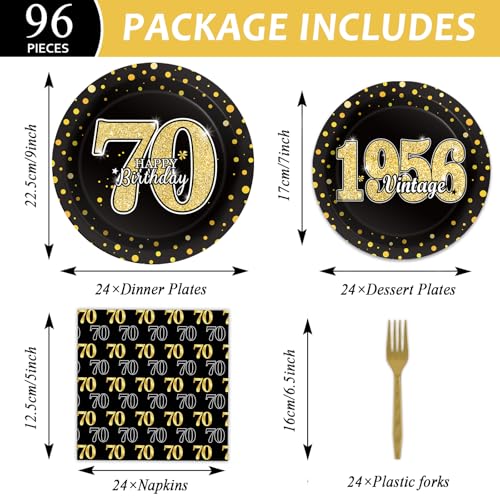 Image of 96PCS 70th Theme Birthday Party Tableware Vintage 1956 Party Supplies 70 Year Old Birthday Decorations Plates Napkins Forks Black and Gold Dinnerware Favors for Men or Women