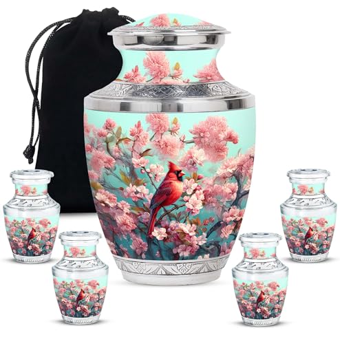 Image of Cardinal Bird Urn Large Cremation Urn for Ashes Adult 1 Large & 4 Small | Large Cremation Urn for Ashes Adult Male Dad Keepsake Burial Urns for Human Ashes Adult Small Cremation Urns