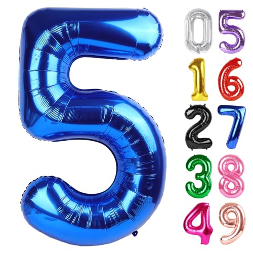 Image of Metallic Blue Number 5 Balloon 40 Inch, 5th Birthday Party Decorations, Giant 5 Foil Balloon for Party Supplies