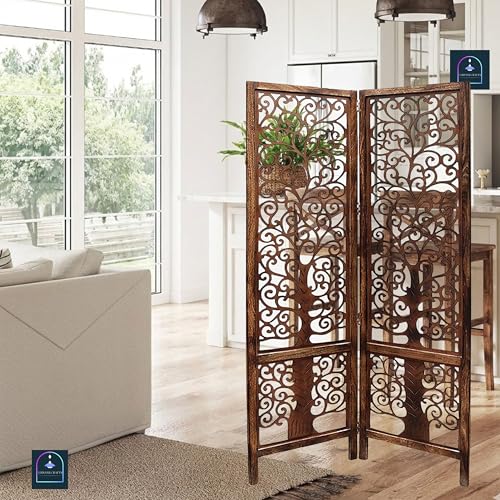 Image of Wooden Room Partition /Screen /Room Divider /Room Separator Traditional Handicrafts 6Ft (Dark Brown) (Tree 2 Panel)