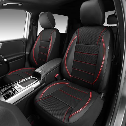 Image of CAR PASS Air Mesh Leather Car Seat Covers Front Seats, Breathable Two Front Seat Covers for Cars, Comfortable Universal Fit for SUV Truck Sedan Automotive, Anti-Slip Airbag Compatible,Black and Red
