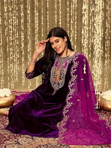 Image of TRENDMALLS Women's Velvet Embroidery Salwar Suit Set Kurta Pant with Dupatta