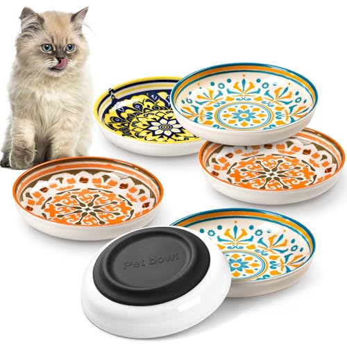 Kitwinney Cat Bowls, Non-Slip Ceramic Cat Food Bowl Set with Silicone Base, Whisker Friendly Cats Dishes, 6 Pack Cute Plates for Feeding Indoor Cats, Kitten, Small Dogs (Multi6, Deeper)