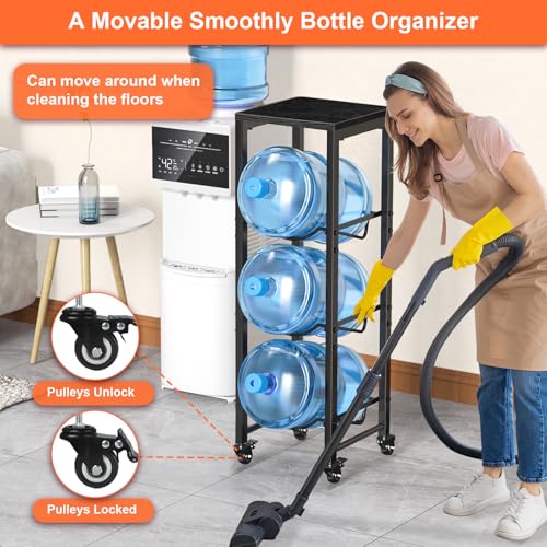 Image of 5 Gallon Water Bottle Jug Holder 3-Tier Organizer with Lockable Casters Heavy Duty Storage Rack Dispenser Stand With Wood Top Shelf for Kitchen Office Garage Black