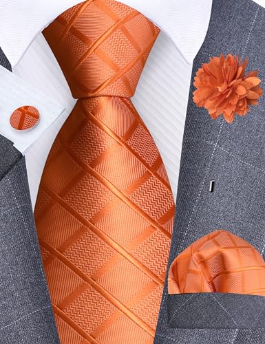 Image of GUSLESON 3.15 inch(8cm) Mens Tie and Lapel Pin Plaid Checkered Necktie Hankerchief Cufflinks Set for Men