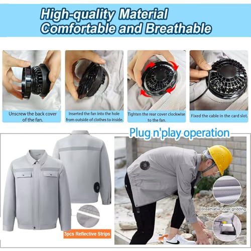 Meichoon Kühljacke mit 2 Ventilatoren, 3 Geschwindigkeitsstufen, atmungsaktives Gewebe, Komfort, Sicherheit, reflektierende Streifen für heißes Wetter, grau, XL-XXL