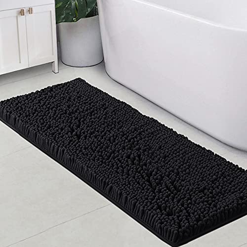Flamingo P Bath Rug Runner For Bathroom 47X17 Non Slip Bathroom Rug Water Absorbent Washable Rug Mat For Kitchen Feature Extra Thick Bouncy Fluffy Chenille, Black - 47" X 17" #TOP13