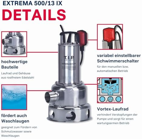 Bild 5 - T.I.P. Schmutzwasser Tauchpumpe - Baupumpe Edelstahl (30.000 l/h Fördermenge, 13m Förderhöhe, 1,3bar Druck, 1.800W, 45mm Korngröße, Waschlauge, heißes Wasser bis 95°C) Extrema 500/13 IX, 30171