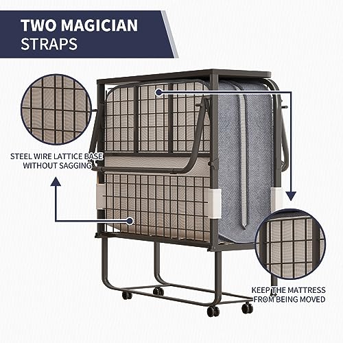 ijuicy Folding Bed with 5\" Mattress for Adults, 75\" x 31\"Rollaway Bed with Storage Cover, High Rebound Foam Filling, Steel Frame Folding Bed with 4 Movable and Lockable Wheels, Grey - Thumbnail 5