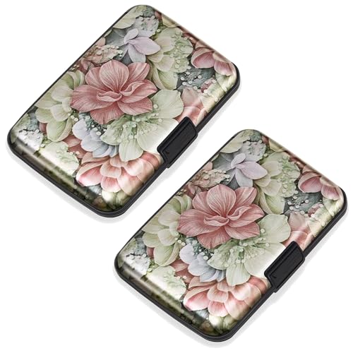 Mayski 2 Pack Credit Card Holder RFID Blocking Happy Flower Aluminum Alloy Hard Case Small Mini Business Metal Wallet for Women Men
