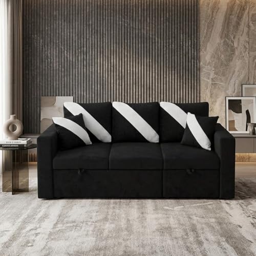 Image of FURNY Trivia 4 Seater RHS Lounger Sofa Cum Bed (Black) with Pull-Out Function | Luxury Velvet Suede Finish | Durable Comfort | Ideal for Living Room