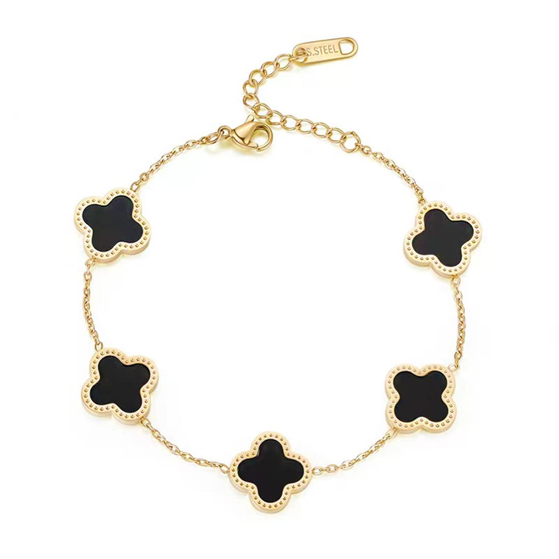 Fashion Bracelet for Girls women Adjustable 14K Gold Plated Cute Clover Bracelet Festive Gift Jewelry for Women and Girls(Black)