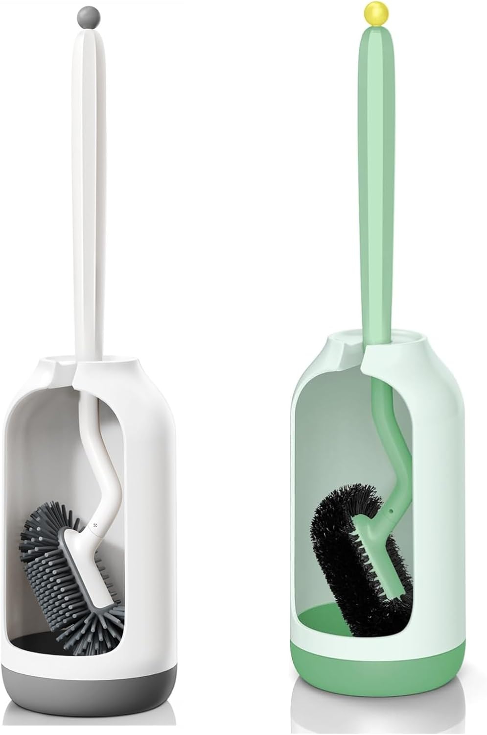 HAMITOR Toilet Bowl Brush Holder Set: Deep Cleaning Silicone Toilet Cleaner Scrubber Under Rim with Curved Bristle for Bathroom Dead Corner Clean - Rv Toilet Decorative Accessories - White&Green