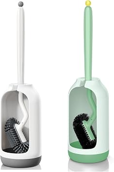HAMITOR Toilet Bowl Brush Holder Set Deep Cleaning Silicone Toilet Cleaner Scrubber Under Rim with Curved Bristle for Bathroom Dead Corner Clean - Rv Toilet Decorative Accessories - White&Green