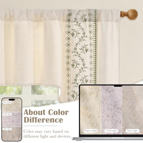 Image of Yinhua Boho Swag Curtains Sage Green Embroidered Floral Valances for Windows, Light Filtering Farmhouse Window Valances Rod Pocket Kitchen Curtains Valance for Living Room, Bathroom, 60 inch W x 36 inch L