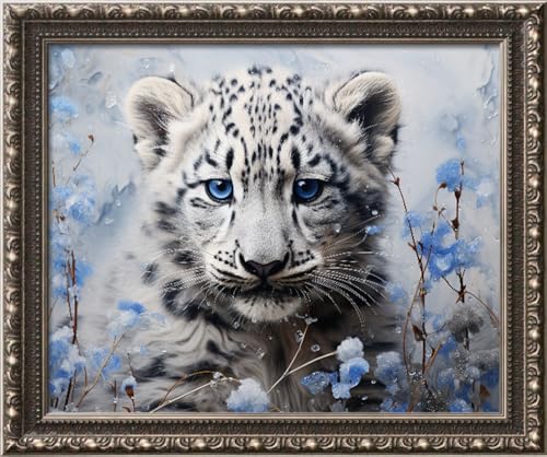 Image of Leczany Cross Stitch Stamped Kit for Adults - Lovely Snow Leopard | DIY Embroidery Starter Patterns Craft Kit Needlepoint for Beginner | 11CT, 3 Strands | 16.5x13.4 inches