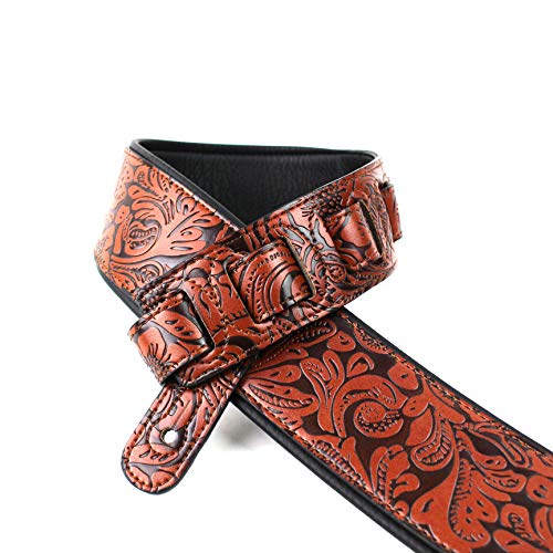 Walker And Williams G-970 Sangle en relief avec gant rembourré Marron bourbon Motif floral - Les Beatles, Paul McCartney, John Lennon, RIngo Starr, George Harrison Walker And Williams G-970 Sangle en relief avec gant rembourré Marron bourbon Motif floral – Image 3