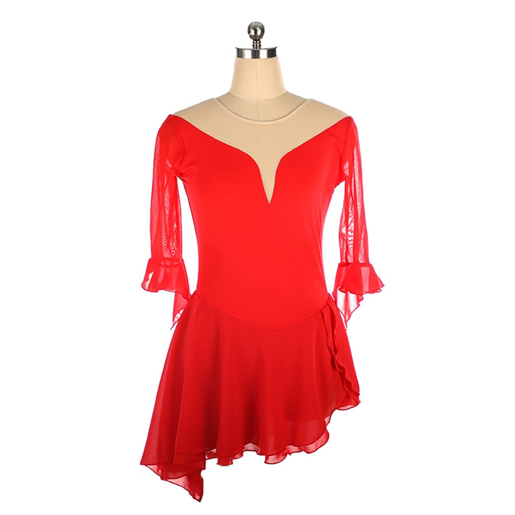 Girls Fashion Figure Skating Dress Women Half Flute Sleeve Ice Skating Costume Strapless Style Ballet Gymnastics Leotard (Red,X-Large)