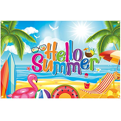 YEIRFYY Backdrop Banner for Hello Summer 73 x 43 Inch Large Hawaiian Pool Beach Party Background Banner for Summer Tropical Party Decorations for Summer Holiday Indoor Outdoor Photo Booth Props