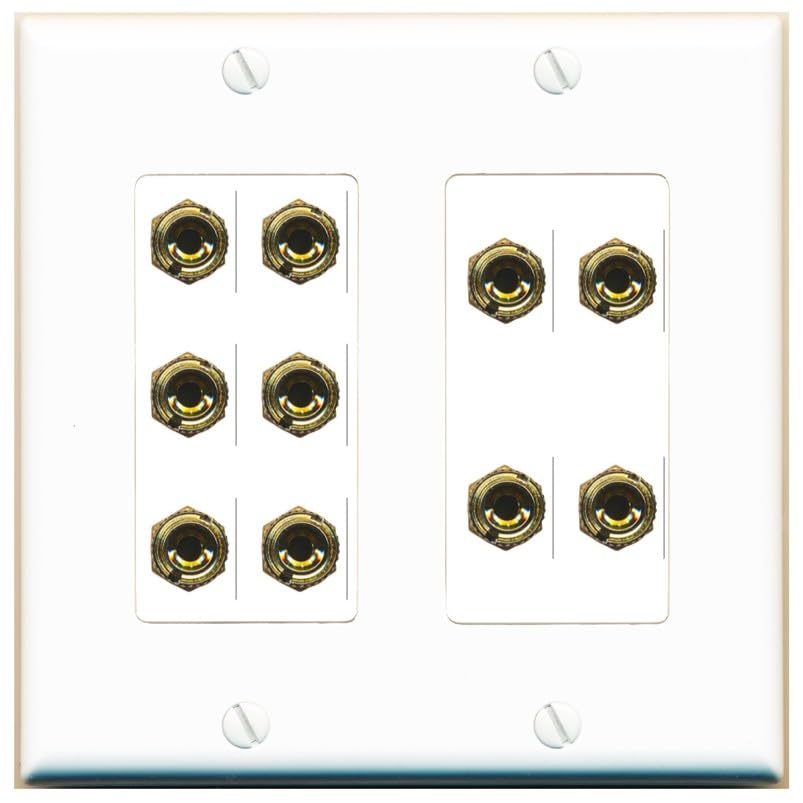 RiteAV 5.0 Surround Sound 5 Speaker 10 Banana Plug Jack Wall Plate Female Connectors - 2 Gang [White]