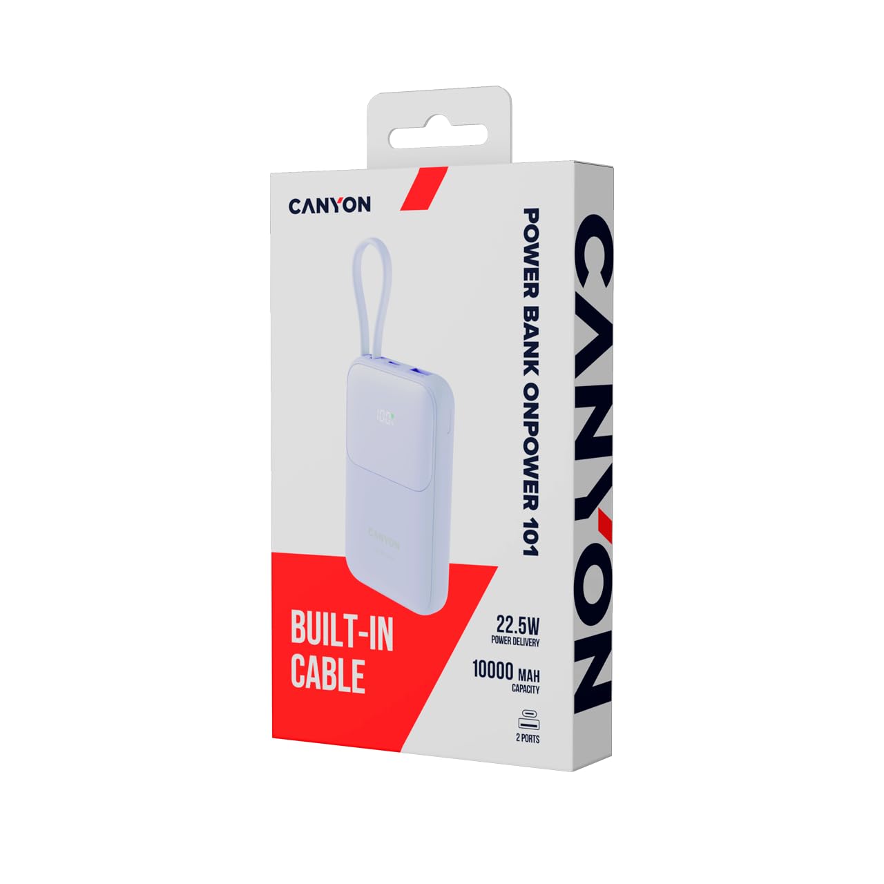 CANYON OnPower 101 - Batteria esterna da 10000 mAh con cavo USB-C integrato, PD 22,5 W e ricarica rapida QC 3.0, display digitale, batteria portatile sottile, viola