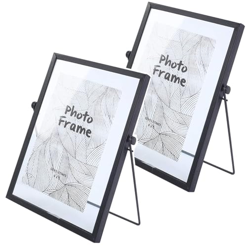 2 Piezas Marco Fotos Negro Vertical Cristal, 15*20cm Marco Cara Doble para Dormitorio, Salón, Despacho, Marco Fotos Metal para Flor, Planta, Muestra, Retrato, Pósteres, Certificado(Soporte Ángulo 60°)