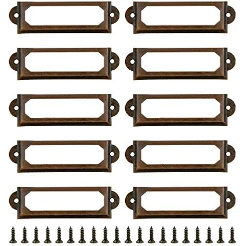 Kyuionty 50Pcs Antique Label Holder 2" x 0.67" Metal Name Card Frame for Office Library File Drawer Tag Cabinet Shelves Drawer (Red Bronze) Cover