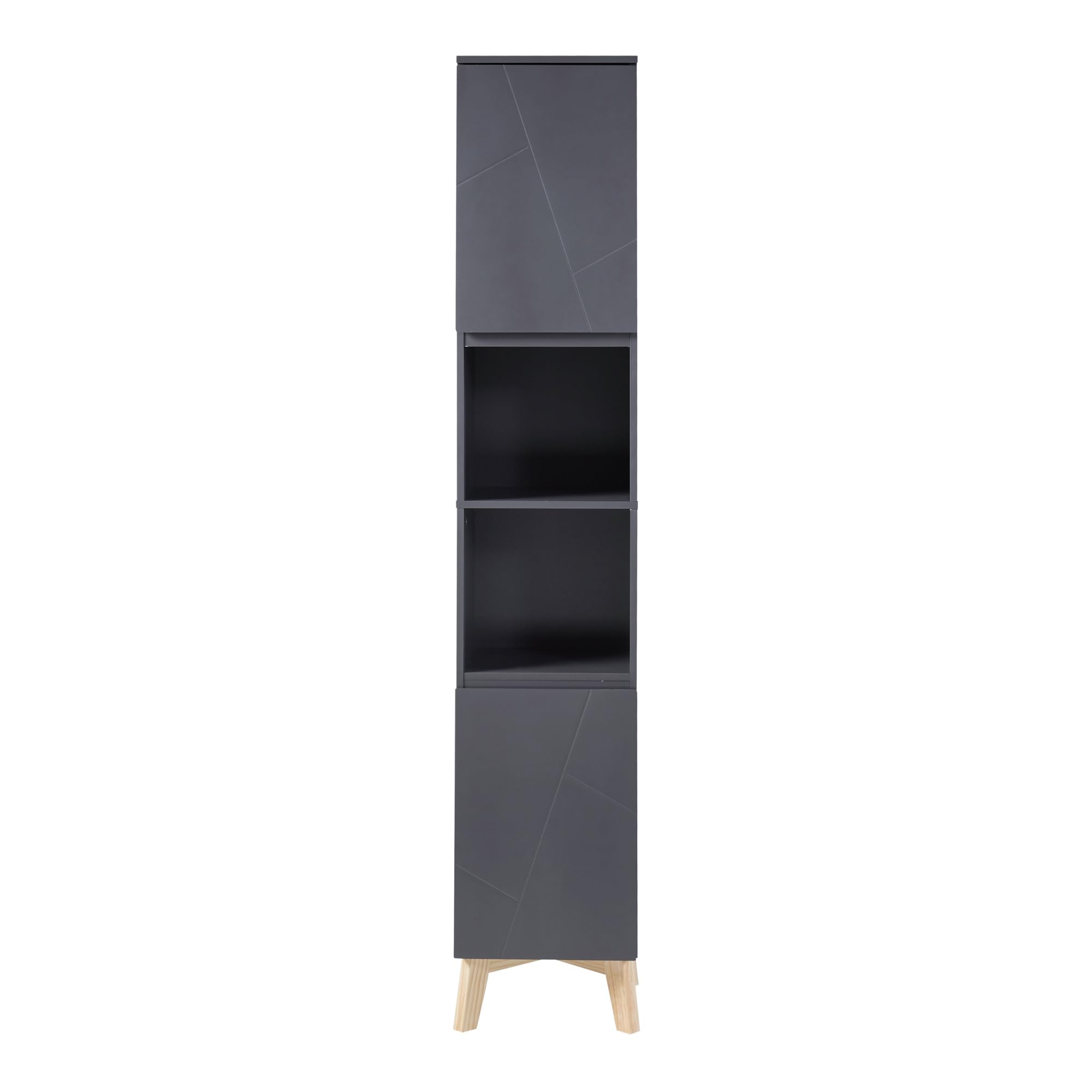 [en.casa] Columna de Baño con 2 Compartimetos Abiertos y Cerrados Armario Alto Mueble Auxiliar Baño con 2 Puertas MDF + Aglomerado Patas de Pino 160 x 30 x 30 cm - Gris y Color Madera