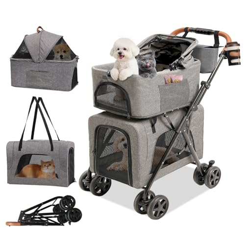 Double Pet Stroller with Detachable Carriers, Dog Stroller for Medium Dogs 20 lb, Foldable Dog Stroller for 2 Dogs,Easy Assembly Cat Stroller for 2 Cats with Cup Holder and Storage Bag for All-Terrain