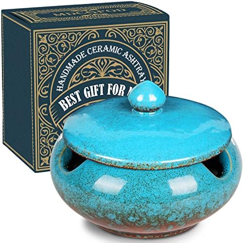 Ceramic Ashtray with Lids Cigar Accessories Outdoor Windproof Ashtrays for Cigarettes Ash Tray Gift for Men Dad Husband Boyfriend Home Ashtrays for Patio, Indoor, Outside, Office Decoration (Blue)