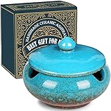 Ceramic Ashtray with Lids Cigar Accessories Outdoor Windproof Ashtrays for Cigarettes Ash Tray Gift for Men Dad Husband Boyfriend Home Ashtrays for Patio, Indoor, Outside, Office Decoration (Blue)