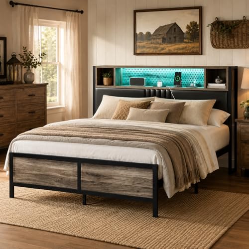 Full Size Bed Frame with LED Light and Charging