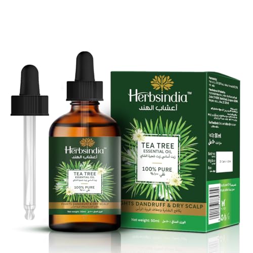 HERBSINDIA Tea Tree Essential Oil for Dry & Itchy Scalp 100% Pure & Natural Essential Hair Oil with Applicator for Dandruff Control & Hair Care 50ml (1.69 oz)